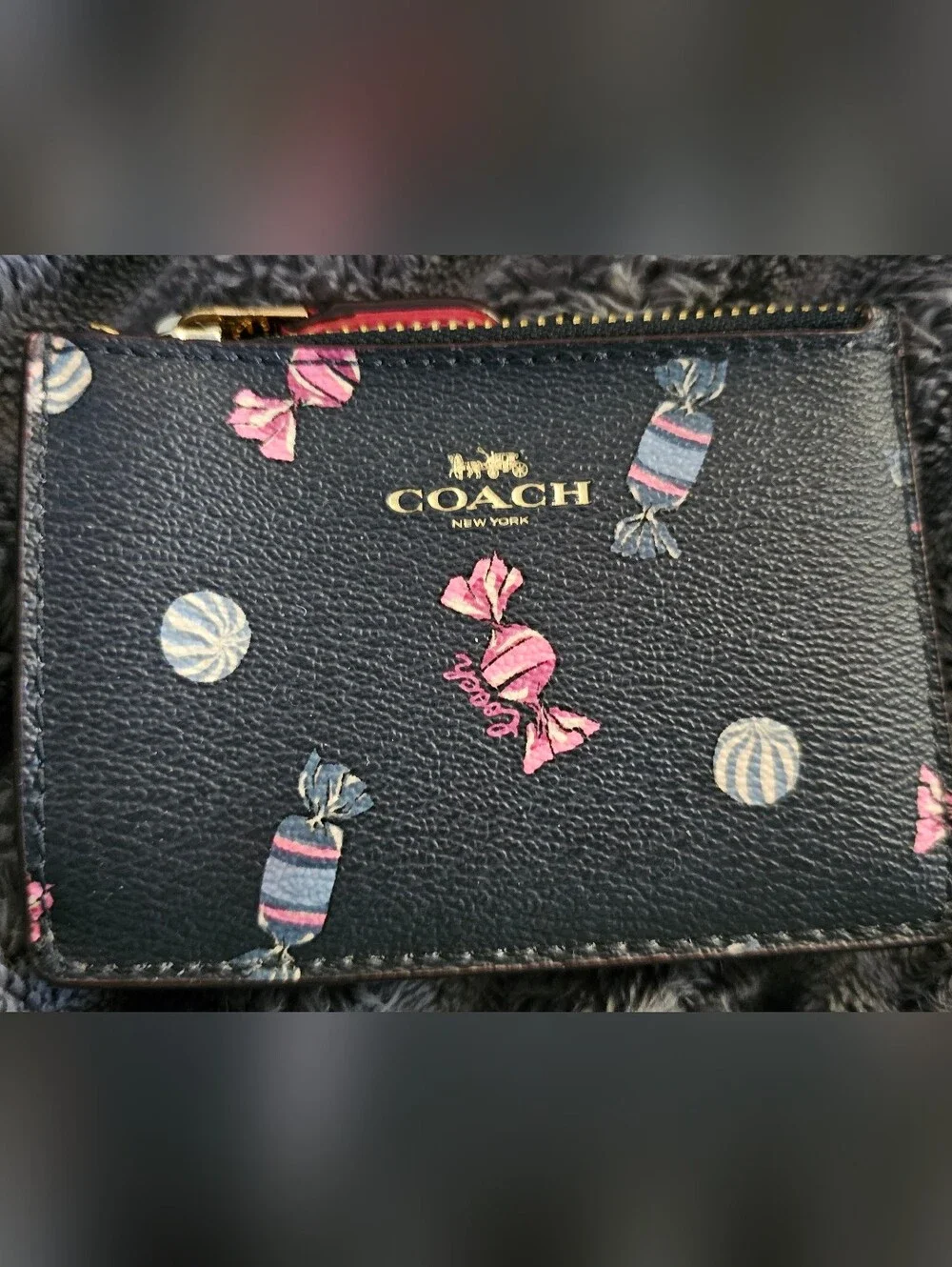 COACH Black Leather Card Case with Pink & Blue Candy Print
